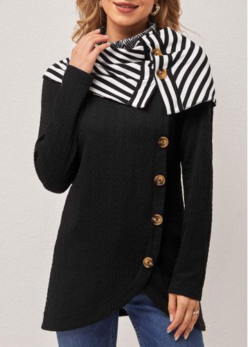 Black Striped Decorative Button Cape Sleeve Sweatshirt - unsigned - Modalova