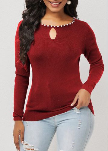 Wine Red Pearl Detail Keyhole Neckline Sweater - unsigned - Modalova