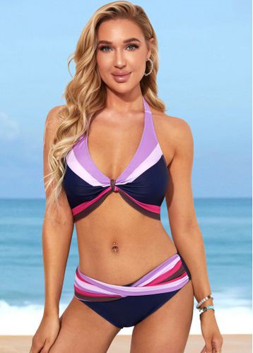 Navy Blue Color Block Tie Back Bikini Set - unsigned - Modalova