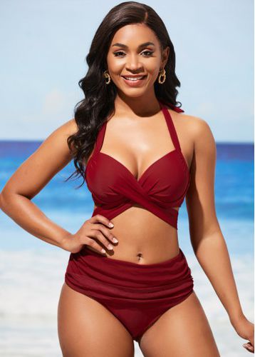 Wine Red Halter Mid Waist Bikini Set - unsigned - Modalova