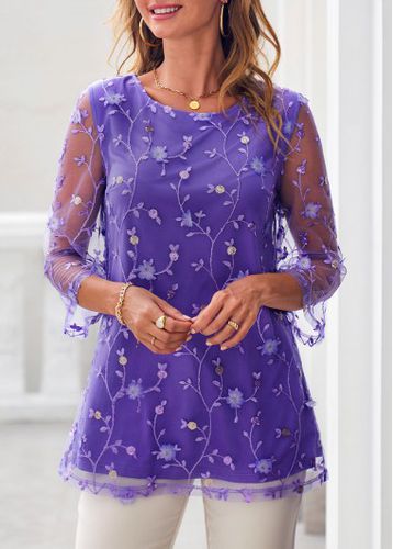 Mesh Stitching Embroidered Purple 3/4 Sleeve Blouse - unsigned - Modalova
