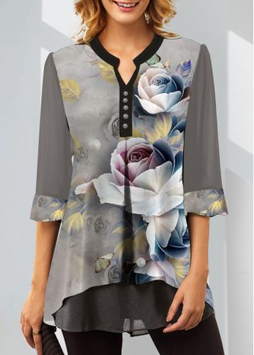 Split Neck Grey Floral Print Blouse - unsigned - Modalova