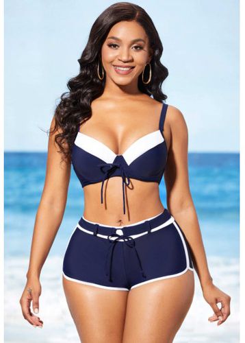 Navy Blue Mid Waist Drawstring Front Bikini Set - unsigned - Modalova