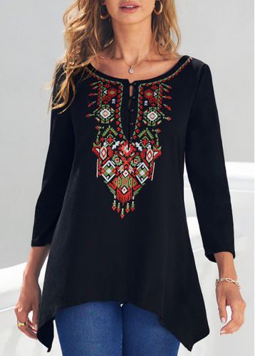 Tribal Print Black Asymmetric Hem T Shirt - unsigned - Modalova