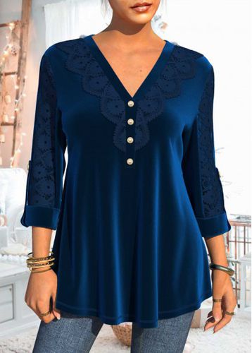 Christmas Design Velvet and Lace Stitching Blue Blouse - unsigned - Modalova