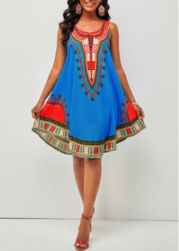 Tribal Print Round Neck Wide Strap Dress - unsigned - Modalova