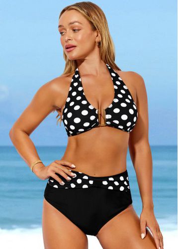 Black Polka Dot High Waisted Halter Bikini Set - unsigned - Modalova