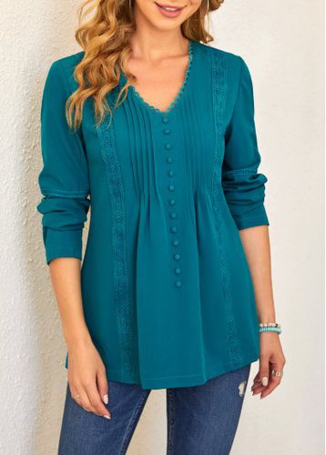 Lace Stitching Peacock Blue Crinkle Chest Blouse - unsigned - Modalova