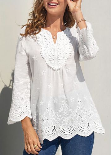 Lace Stitching White Split Neck Hollow Embroidery Blouse - unsigned - Modalova