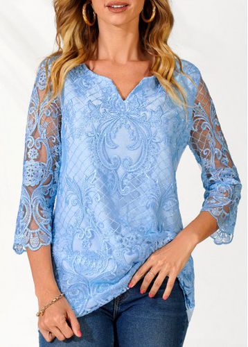 Lace Stitching Split Neck Light Blue Blouse - unsigned - Modalova