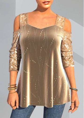 Christmas Design Gold Cold Shoulder Sequin T Shirt - unsigned - Modalova