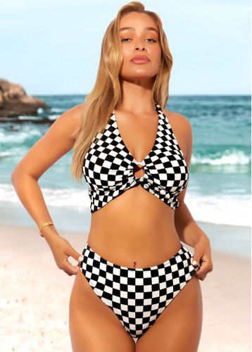 Color Block High Waisted Checkered Print Bikini Set - unsigned - Modalova