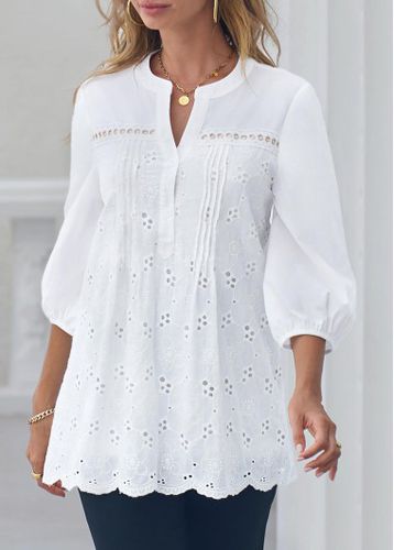 Embroidered Hollow Out Split Neck White Blouse - unsigned - Modalova