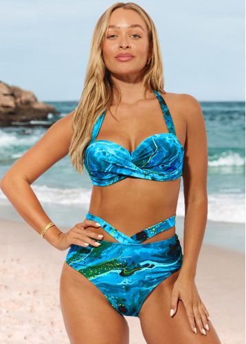 Marble Print Cyan High Waist Halter Bikini Set - unsigned - Modalova