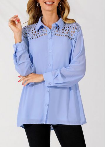 Lace Trim Turndown Collar Blue Long Sleeve Blouse - unsigned - Modalova