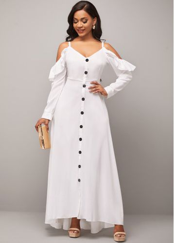 Flounce Strappy Cold Shoulder Decorative Button White Dress - unsigned - Modalova