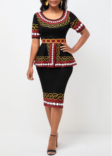 Tribal Print Round Neck Peplum Waist Black Dress - unsigned - Modalova