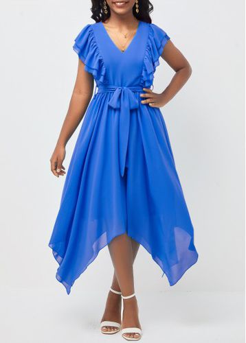 Asymmetric Hem Belted V Neck Blue Dress - unsigned - Modalova