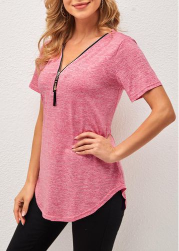 V Neck Pink Tassel Detail Short Sleeve T Shirt - unsigned - Modalova