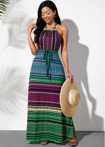 Multicolor Striped Bowknot Sash Dress - unsigned - Modalova