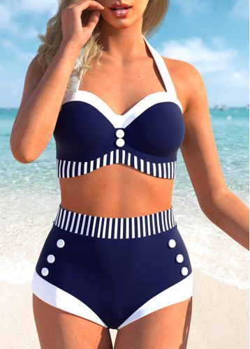Button High Waisted Striped Navy Bikini Set - unsigned - Modalova