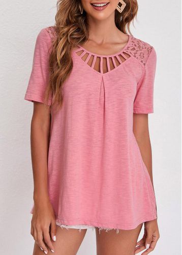 Lace Patchwork Pink Cage Neck T Shirt - unsigned - Modalova
