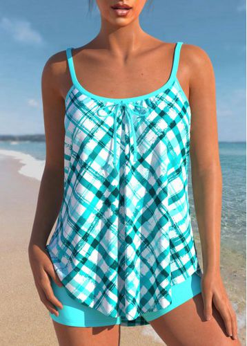 Bowknot Plaid Cyan Spaghetti Strap Tankini Set - unsigned - Modalova