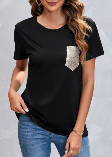 Sequin Pocket Black Round Neck T Shirt - unsigned - Modalova
