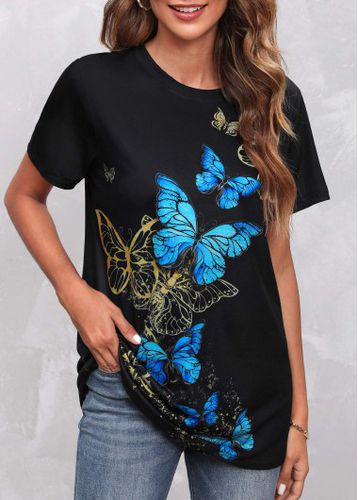 Round Neck Butterfly Print Black T Shirt - unsigned - Modalova