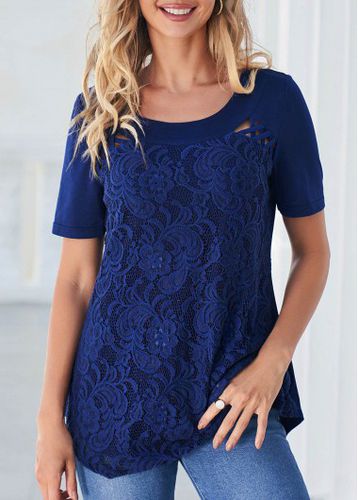Lace Stitching Navy Blue Cross Strap T Shirt - unsigned - Modalova