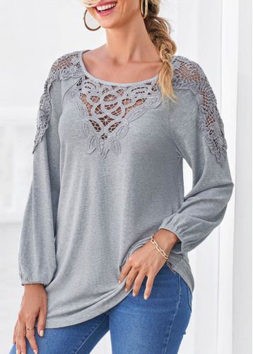 Grey Marl Long Sleeve Lace Panel T Shirt - unsigned - Modalova
