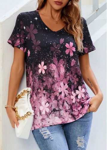 Floral Print Pink V Neck T Shirt - unsigned - Modalova