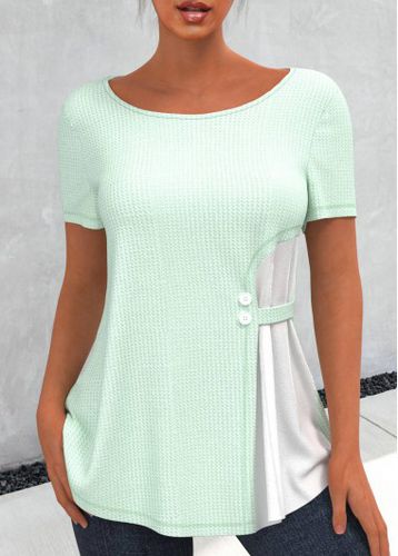 Waffle Knit Chiffon Panel Light Green T Shirt - unsigned - Modalova