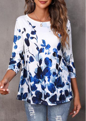 Floral Print Blue Round Neck T Shirt - unsigned - Modalova