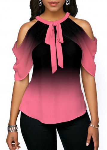 Tie Front Halter Cold Shoulder Pink Blouse - unsigned - Modalova