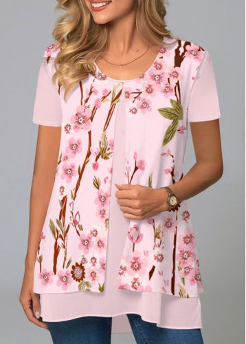 Pink Floral Print Short Sleeve Round Neck Blouse - unsigned - Modalova