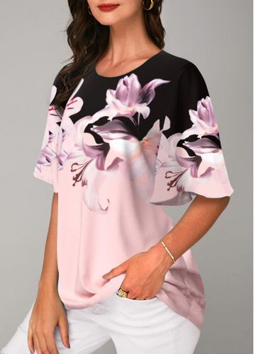 Pink Round Neck Floral Print T Shirt - unsigned - Modalova