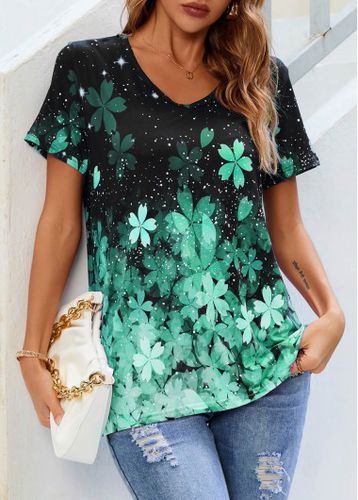 Floral Print Short Sleeve Green T Shirt - unsigned - Modalova