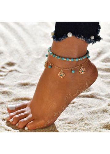 Turquoise Beads Design Metal Detail Anklet Set - unsigned - Modalova