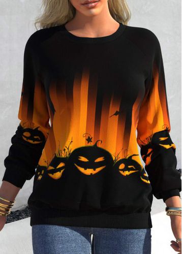 Black Halloween Print Long Sleeve Round Neck Sweatshirt - unsigned - Modalova