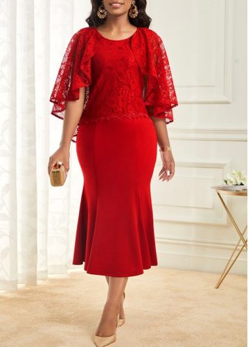 Wine Red Lace Stitching Cape Sleeve Dress - unsigned - Modalova