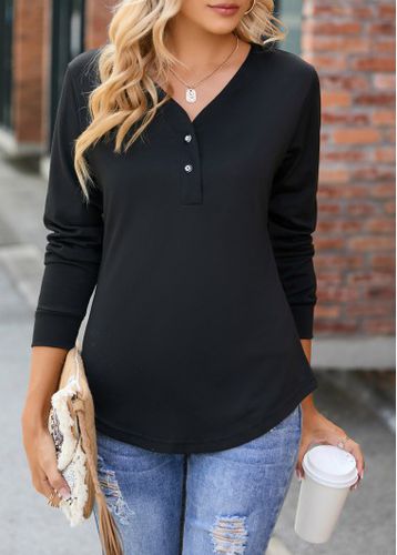 Black Button Long Sleeve V Neck T Shirt - unsigned - Modalova
