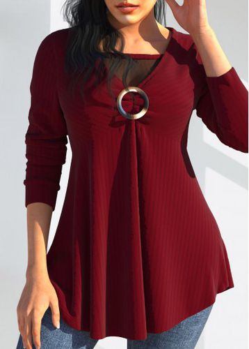 Mesh Stitching Long Sleeve Wine Red T Shirt - unsigned - Modalova