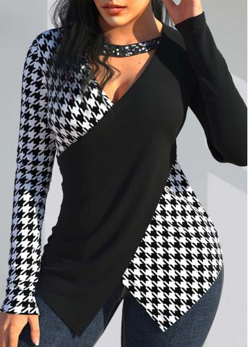 Black Sequin Houndstooth Print Long Sleeve T Shirt - unsigned - Modalova