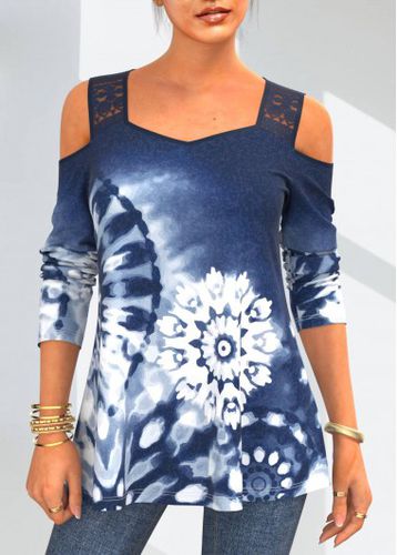 Lace Stitching Blue Tie Dye Print T Shirt - unsigned - Modalova