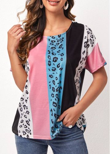 Leopard Round Neck Color Block T Shirt - unsigned - Modalova