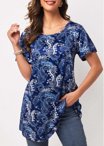 Round Neck Paisley Print Blue T Shirt - unsigned - Modalova
