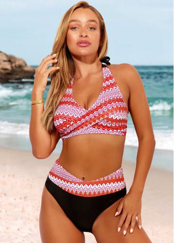 Tribal Print Halter High Waisted Orange Bikini Set - unsigned - Modalova