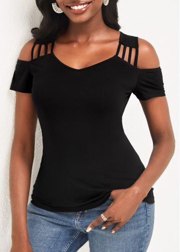 Black Cold Shoulder Short Sleeve T Shirt - unsigned - Modalova