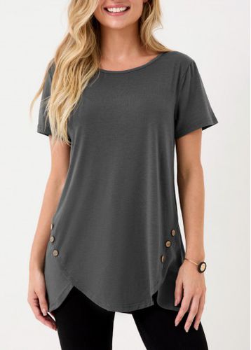 Asymmetric Hem Dark Grey Decorative Button T Shirt - unsigned - Modalova
